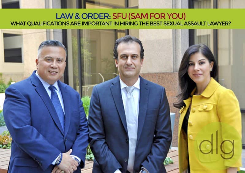 Three professionally dressed people stand outside a building, facing the camera. Text above discusses hiring a sexual assault lawyer.