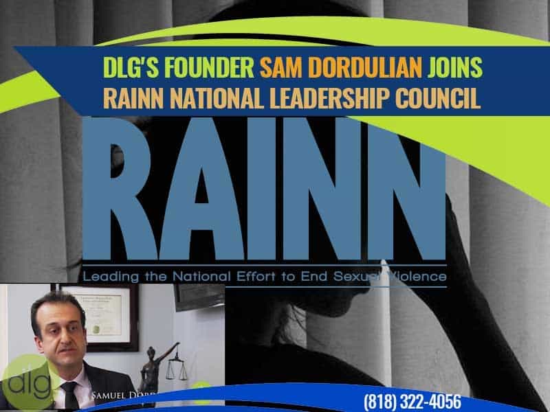 A graphic announces that DLG’s founder Sam Dordulian has joined the RAINN National Leadership Council, featuring a silhouette, large RAINN text, and a photo of Sam Dordulian.