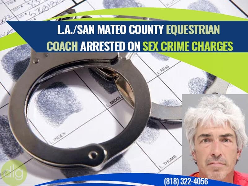 A mugshot of a man is shown beside handcuffs on a fingerprint form, with a headline about an equestrian coach arrested on sex crime charges.
