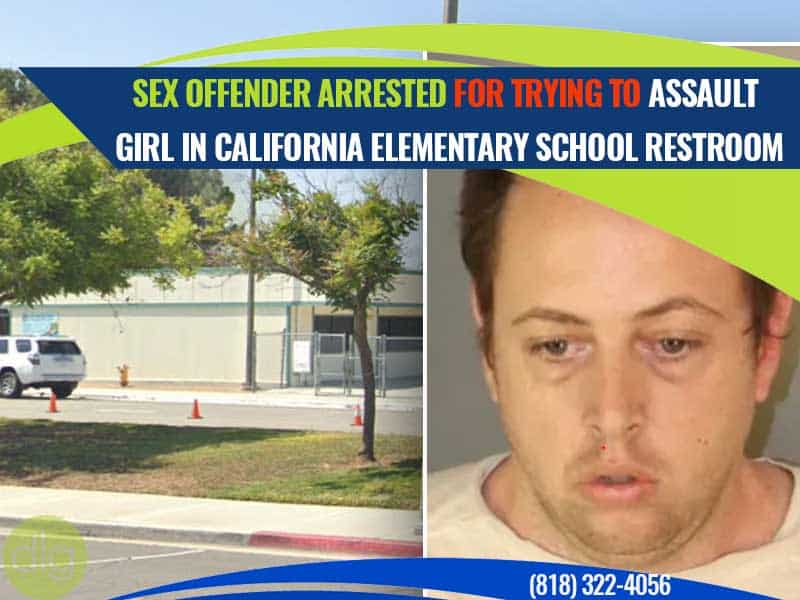News graphic with a photo of an elementary school, a mugshot of a man, and text reporting the arrest of a sex offender for attempted assault in a California school restroom.