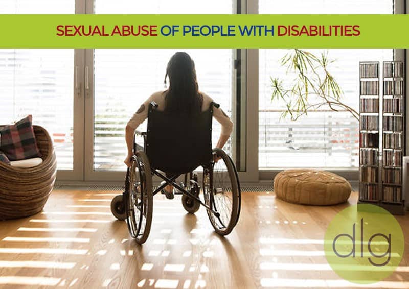 A person in a wheelchair faces large windows in a bright room. Text above reads, "Sexual Abuse of People with Disabilities." The dlg logo is in the bottom right corner.