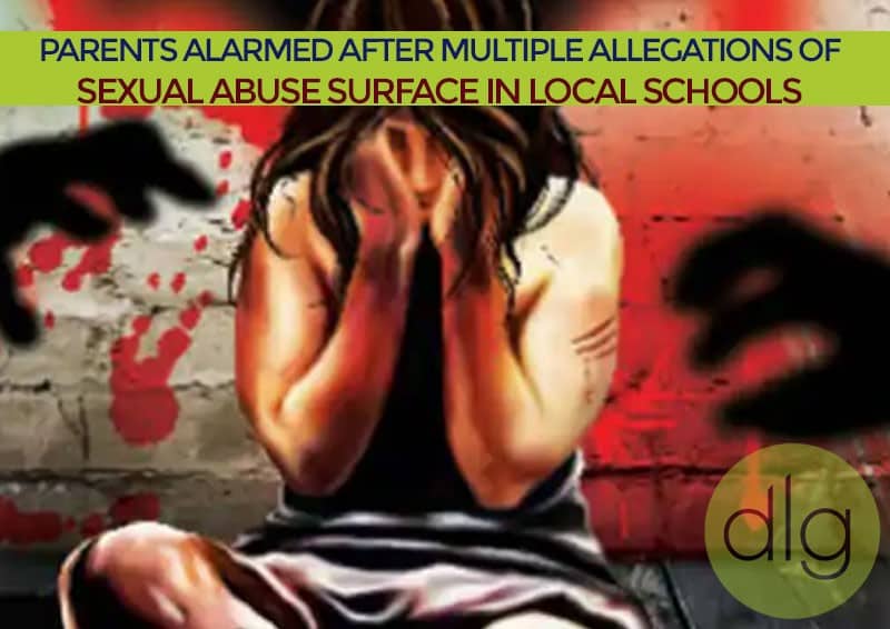 Illustration of a distressed person sitting against a wall with shadowy hands reaching toward them; headline discusses sexual abuse allegations in local schools.
