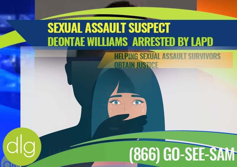 A digital graphic reporting the arrest of a sexual assault suspect by LAPD, with a helpline number and an illustration of a person covering another's mouth.