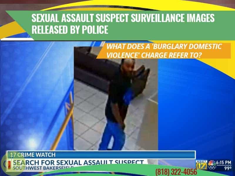 Surveillance image of a male suspect in a building, shown on a televised news segment about a search for a sexual assault suspect in Southwest Bakersfield.