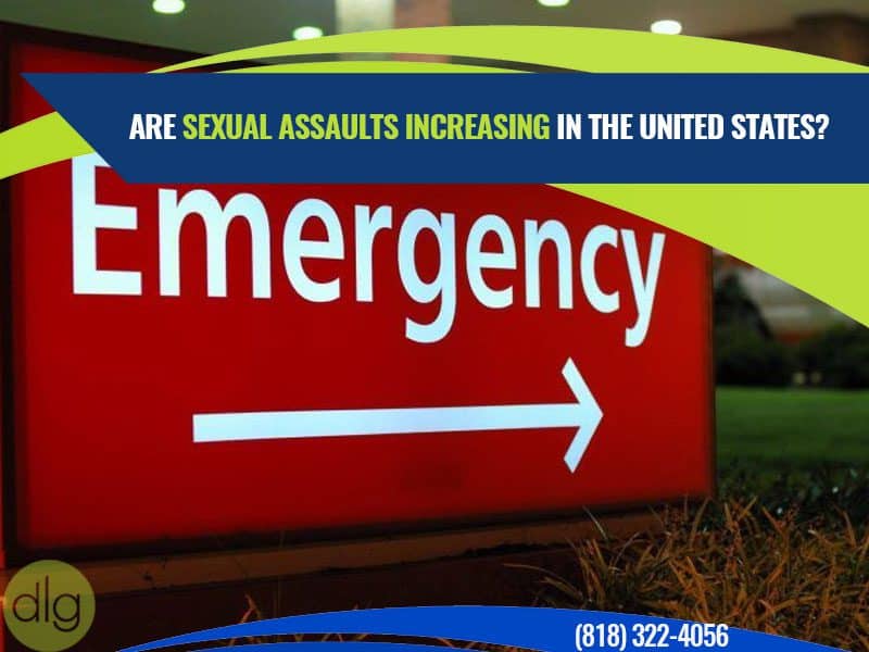 A red emergency room sign with an arrow is shown, overlaid with the question, "Are sexual assaults increasing in the United States?" and a phone number at the bottom.