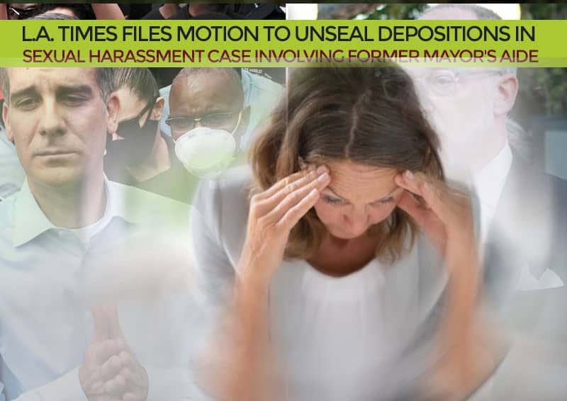 A distressed woman holds her head as a headline about unsealing depositions in a sexual harassment case appears above faded images of several men in the background.