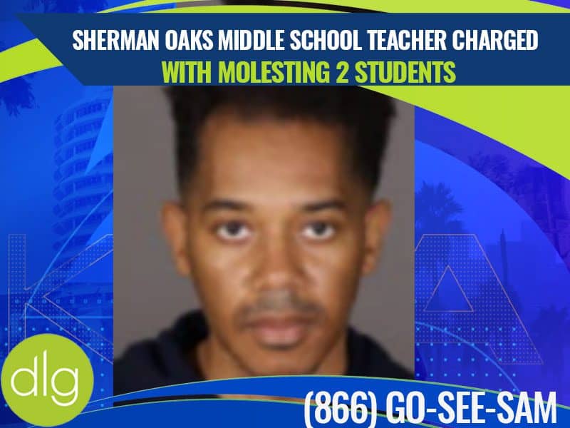 A blurred mugshot of a man is shown with text stating: "Sherman Oaks middle school teacher charged with molesting 2 students" and a phone number at the bottom.