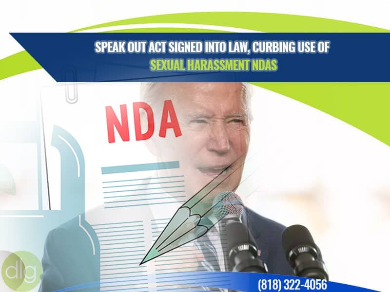 President signs the Speak Out Act into law, limiting use of NDAs in sexual harassment cases; overlay of NDA document and official at podium.