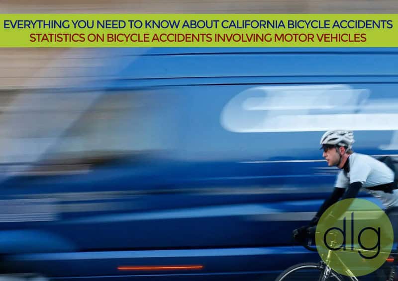 A cyclist rides past a blurred blue van, with text overlay about California bicycle accidents and statistics involving motor vehicles.