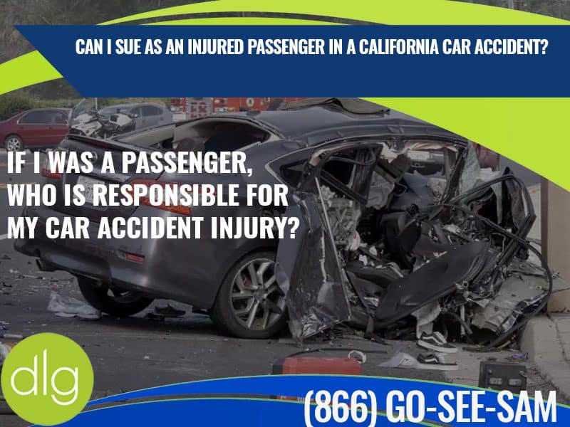 A heavily damaged car after an accident with text about legal responsibility for passenger injuries in California and a phone number for legal help.