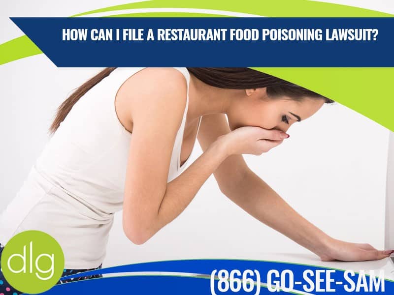 A woman leans over and covers her mouth, appearing nauseous. The text asks how to file a restaurant food poisoning lawsuit and provides a phone number for legal help.
