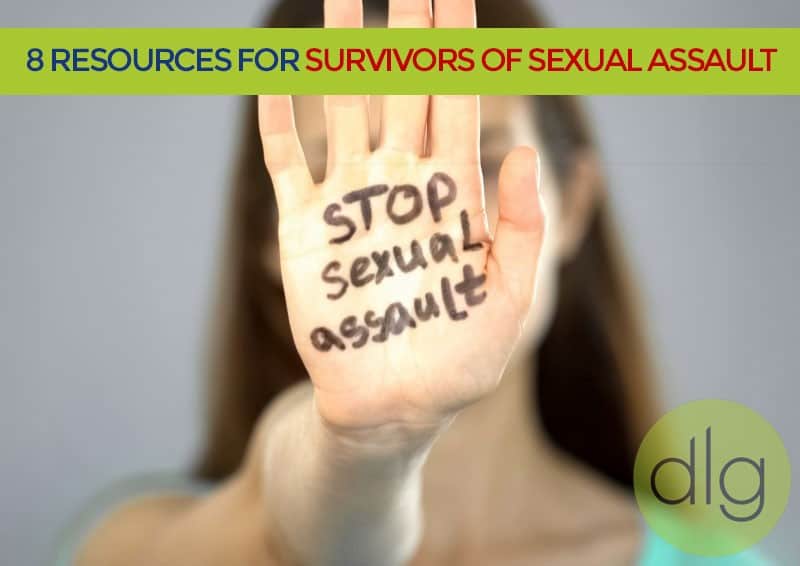A person holds up a hand with "STOP sexual assault" written on the palm. Text at the top reads, "8 Resources for Survivors of Sexual Assault.