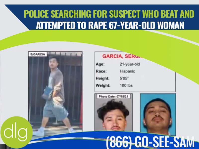 A police bulletin shows a surveillance image and mugshots of a male suspect wanted for beating and attempting to rape a 67-year-old woman, with suspect details and a contact number displayed.