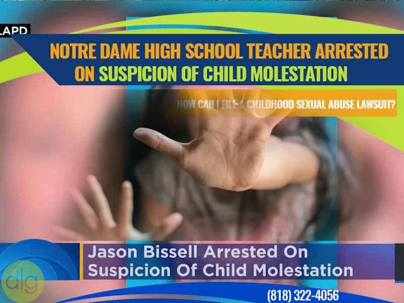 A blurred image of a person with hands raised in front, overlaid with headlines about a high school teacher arrested on suspicion of child molestation and contact information.