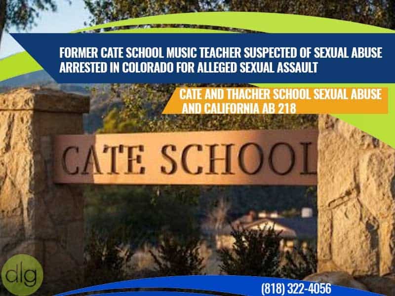 Cate School entrance sign with overlaid text about a former music teacher's arrest for alleged sexual abuse and references to related school abuse cases and legislation.