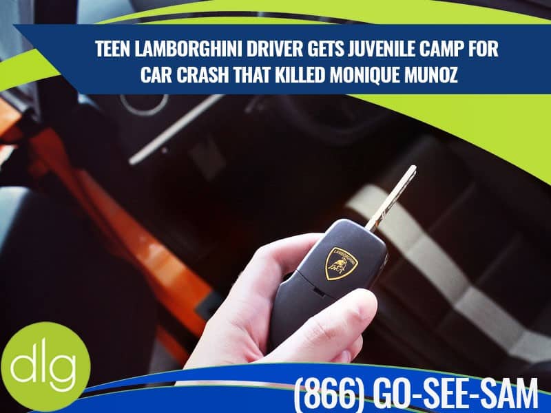 A hand holds a Lamborghini car key inside a vehicle, with text about a teen Lamborghini driver receiving juvenile camp for a fatal car crash.