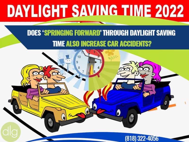 Cartoon of two cars with drivers, one male and one female, under a banner about Daylight Saving Time 2022 and a question about increased car accidents during DST.
