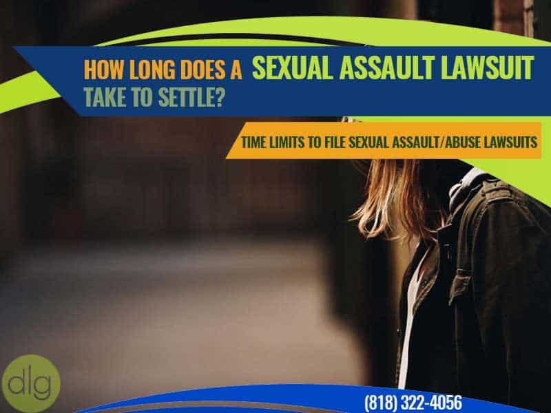 A person stands partially in shadow next to text about the duration and time limits of settling a sexual assault lawsuit, with a phone number and law group logo visible.