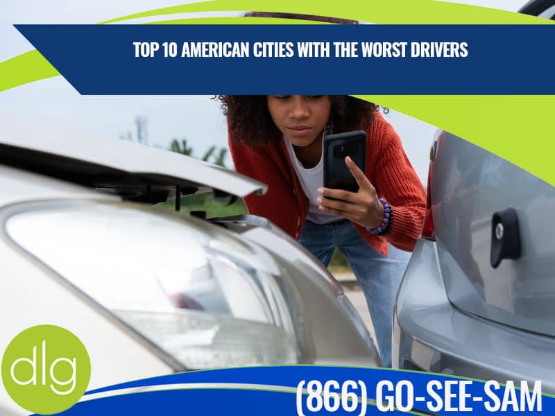 A person photographs damage to two cars after a minor collision; text reads, “Top 10 American Cities with the Worst Drivers” and shows a phone number.