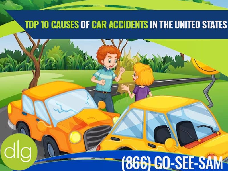 Illustration of two damaged cars after a crash, with two people arguing, promoting information on top causes of car accidents in the United States and displaying a phone number.