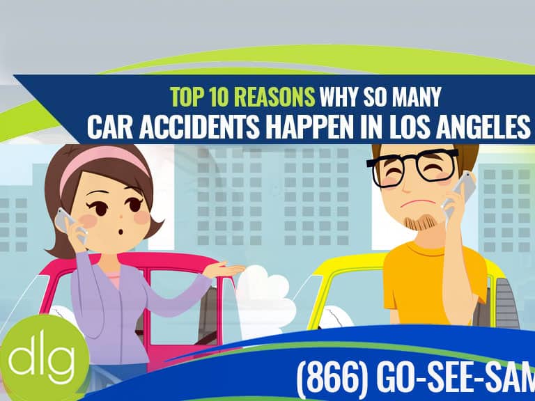 Illustration of a woman and man standing by their cars after an accident, both talking on phones. Text reads "Top 10 reasons why so many car accidents happen in Los Angeles.