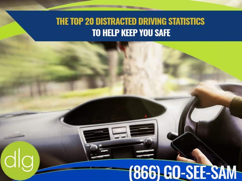 A person drives a car while looking at a smartphone; text above reads, "The top 20 distracted driving statistics to help keep you safe.