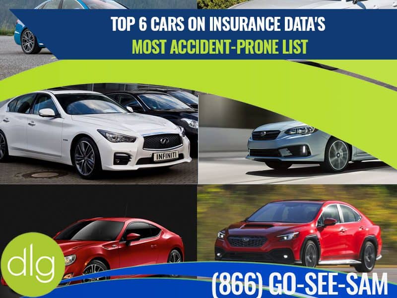 Four different cars are shown in a collage under the text "Top 6 Cars on Insurance Data's Most Accident-Prone List" with a phone number and dlg logo at the bottom.