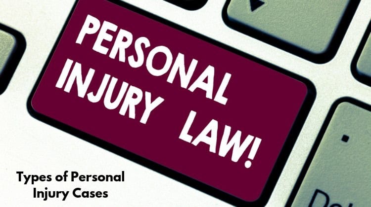 A keyboard with a key labeled "Personal Injury Law!" in bold letters; text at the bottom reads "Types of Personal Injury Cases.
