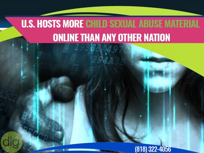 A banner states the U.S. hosts more child sexual abuse material online than any other nation, overlaid on a blurred image of a child and computer code.