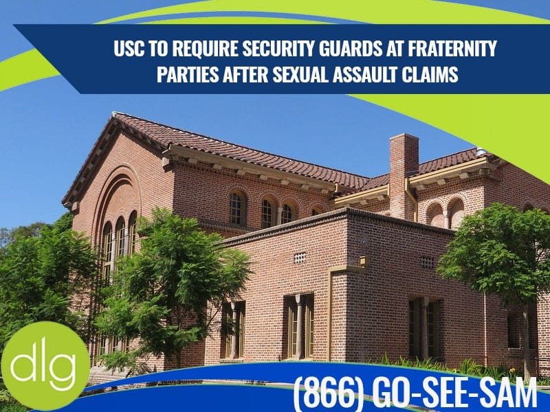 A brick university building with text stating USC will require security guards at fraternity parties after sexual assault claims, along with a phone number and logo.