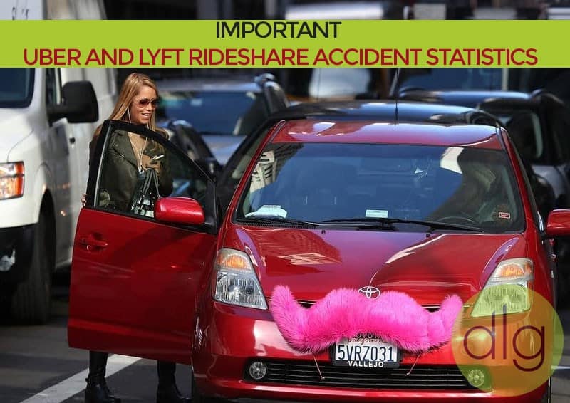 A woman opens the door of a red car with a large pink mustache on the front, surrounded by traffic. Text above reads “Uber and Lyft Rideshare Accident Statistics.”.