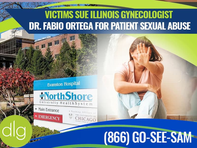 A sign for Evanston Hospital is shown next to a distressed woman covering her face, with headlines about victims suing an Illinois gynecologist for sexual abuse.