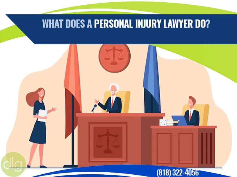 Illustration of a courtroom scene with a judge, lawyer, and woman speaking, accompanied by the text "What does a personal injury lawyer do?" and a phone number.