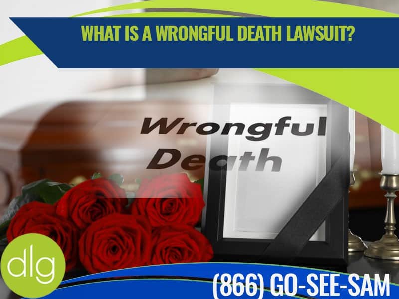 A framed photo labeled "Wrongful Death" with a black ribbon, red roses, and text asking, "What is a wrongful death lawsuit?" along with a phone number and the dlg logo.