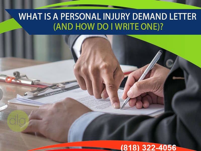 Two people review and sign documents at a desk, with a header about writing a personal injury demand letter and a phone number displayed.