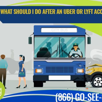 A city bus and a yellow car have collided; people are standing nearby. Text reads, “What should I do after an Uber or Lyft acc-” and includes a phone number.
