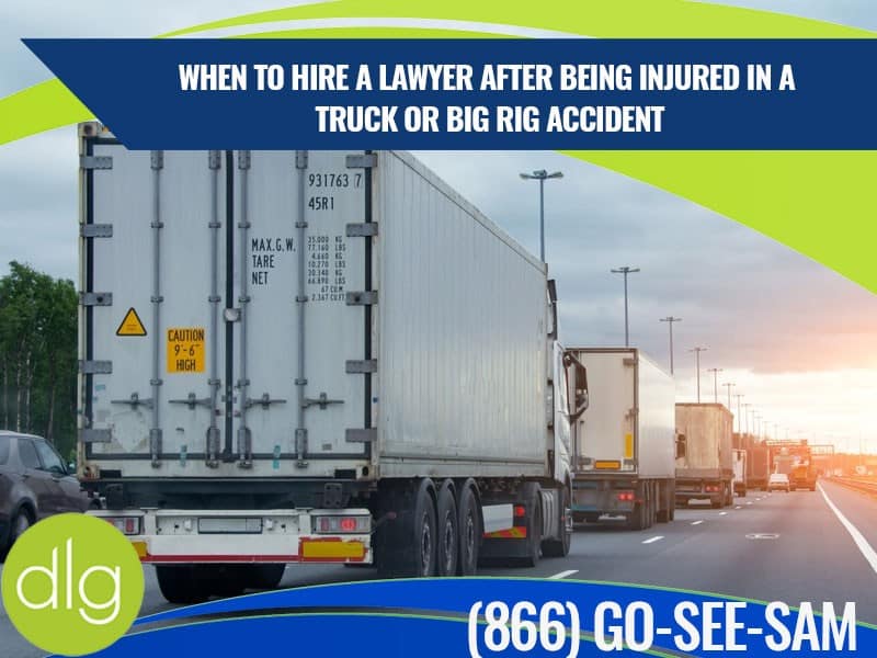A line of semi-trucks on a highway with a banner reading, "When to hire a lawyer after being injured in a truck or big rig accident," and a phone number for legal help.