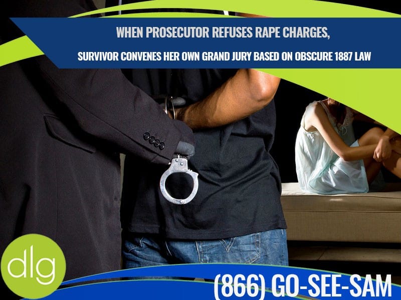A handcuffed person is held by another individual in a suit, with a graphic headline about a survivor convening a grand jury after a prosecutor declined rape charges.