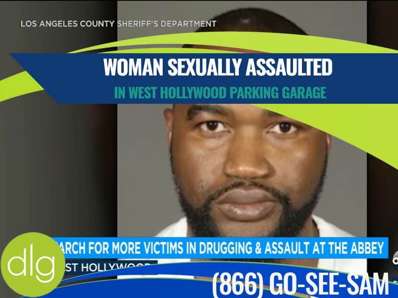 A news alert about a woman sexually assaulted in a West Hollywood parking garage, showing a suspect's mugshot and a hotline number for more information.