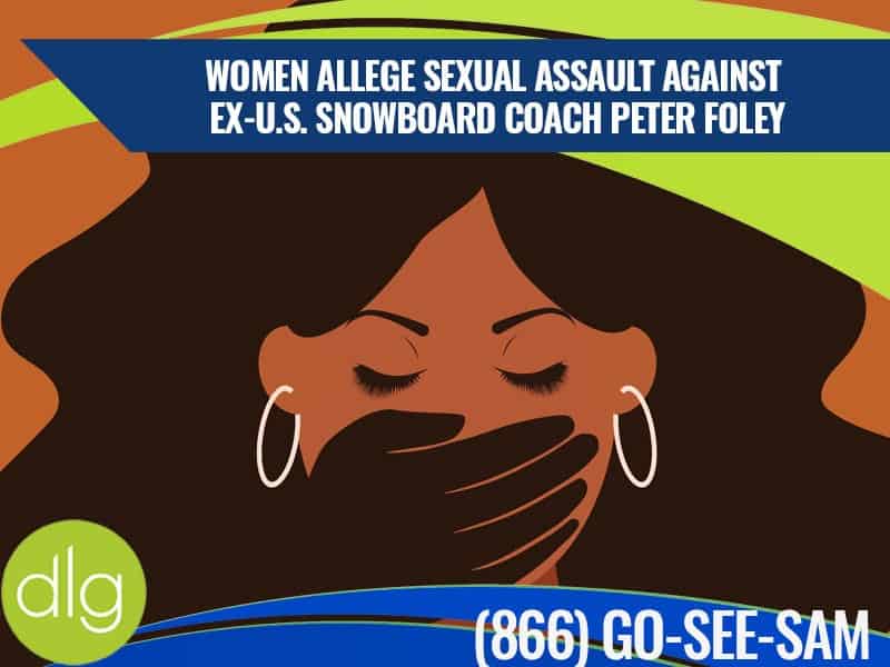 Illustration of a woman covering her mouth with her hand, with text alleging sexual assault by ex-U.S. snowboard coach Peter Foley, and a legal helpline number displayed.
