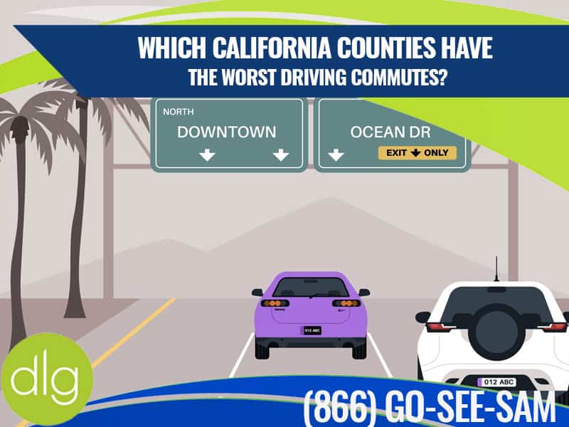 Illustration of two cars driving toward directional road signs for Downtown and Ocean Dr, under a banner asking which California counties have the worst driving commutes.