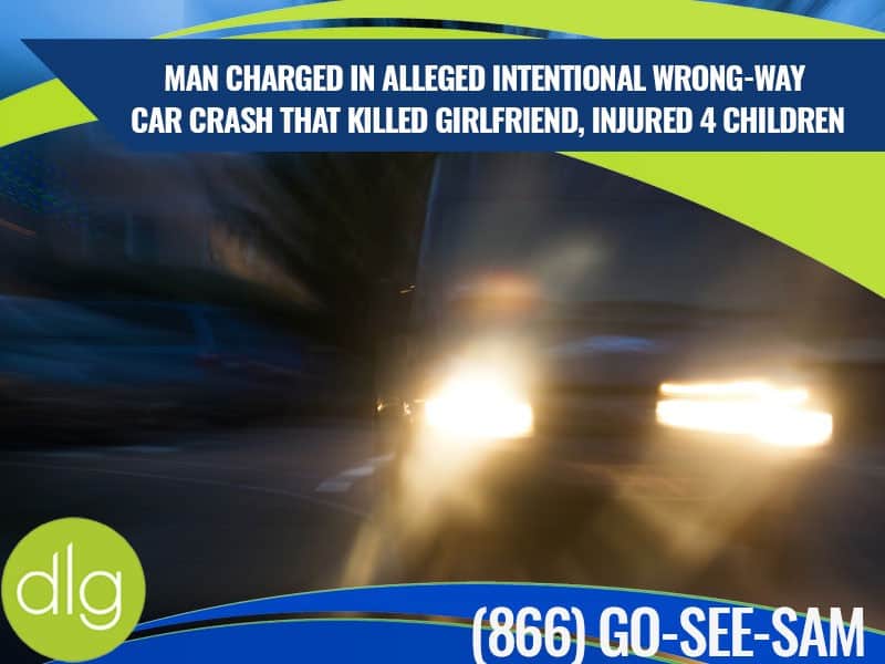 A car driving at night with headlights on; text overlay reports a man charged in a fatal alleged wrong-way crash.