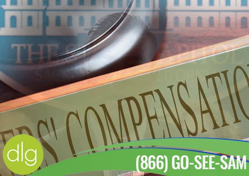 A phone rests on a "Workers' Compensation" sign with the text "(866) GO-SEE-SAM" and a green dlg logo overlay at the bottom.