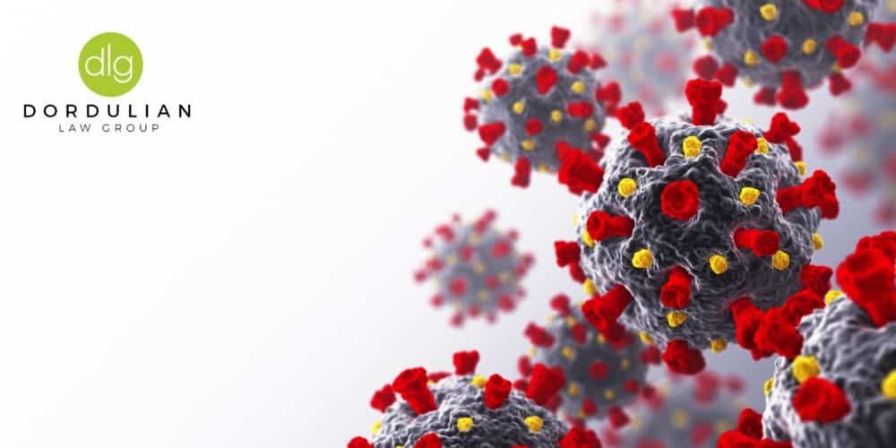 3D render of coronavirus particles with red and yellow spike proteins, shown with Dordulian Law Group logo on a white background.