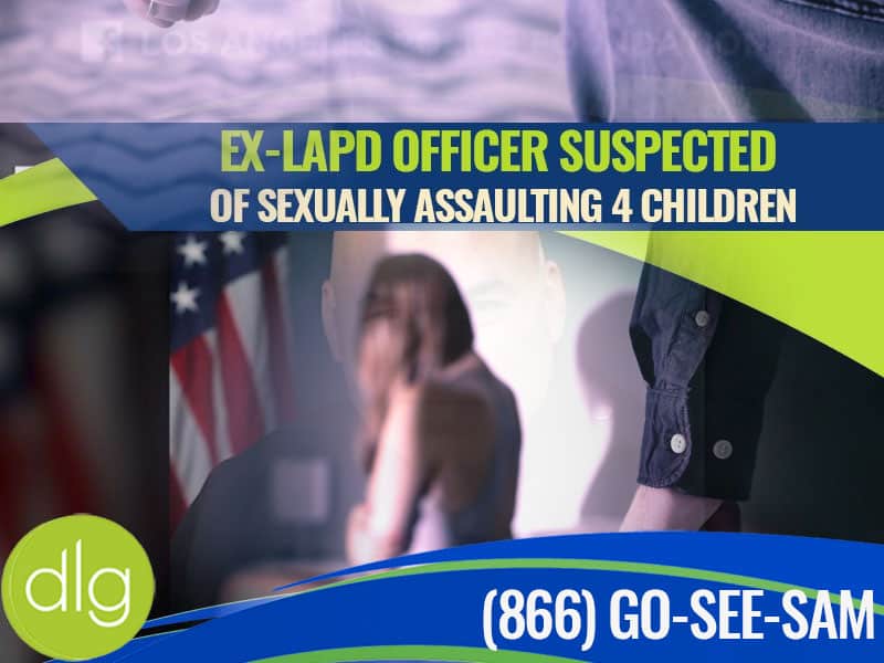 A graphic states, "EX-LAPD OFFICER SUSPECTED OF SEXUALLY ASSAULTING 4 CHILDREN," with a blurred child, police imagery, and a legal helpline number.