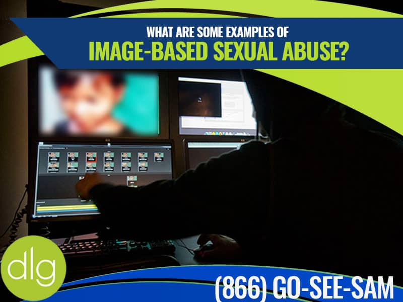A person using a computer with blurred images on the screens, accompanied by text discussing examples of image-based sexual abuse and a helpline number.