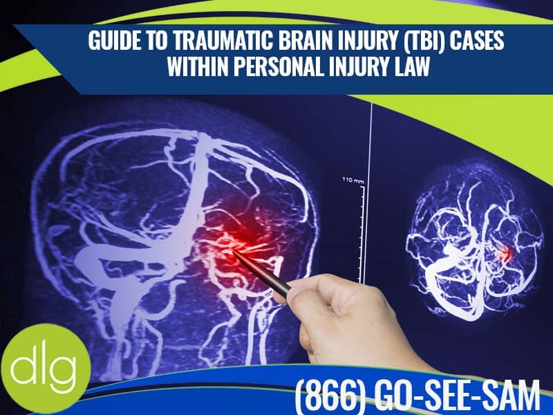 A person points at a highlighted area on a brain scan image, with text about traumatic brain injury cases in personal injury law displayed above.