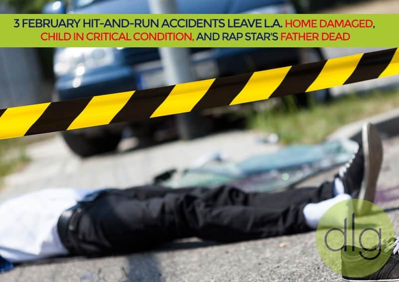 A person lies on the ground near police tape, in front of a blue car, illustrating a scene involving a hit-and-run accident.