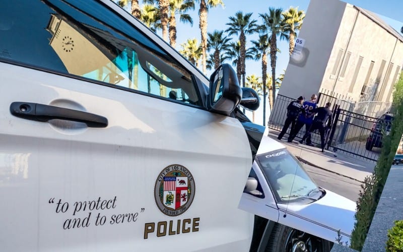 A close-up of an LAPD police car with the motto "to protect and to serve," overlaid with an image of officers detaining a person on a sidewalk.