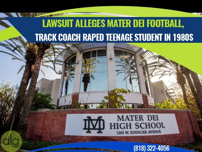 Exterior of Mater Dei High School, with a news headline overlay about a lawsuit alleging sexual assault by a coach in the 1980s.